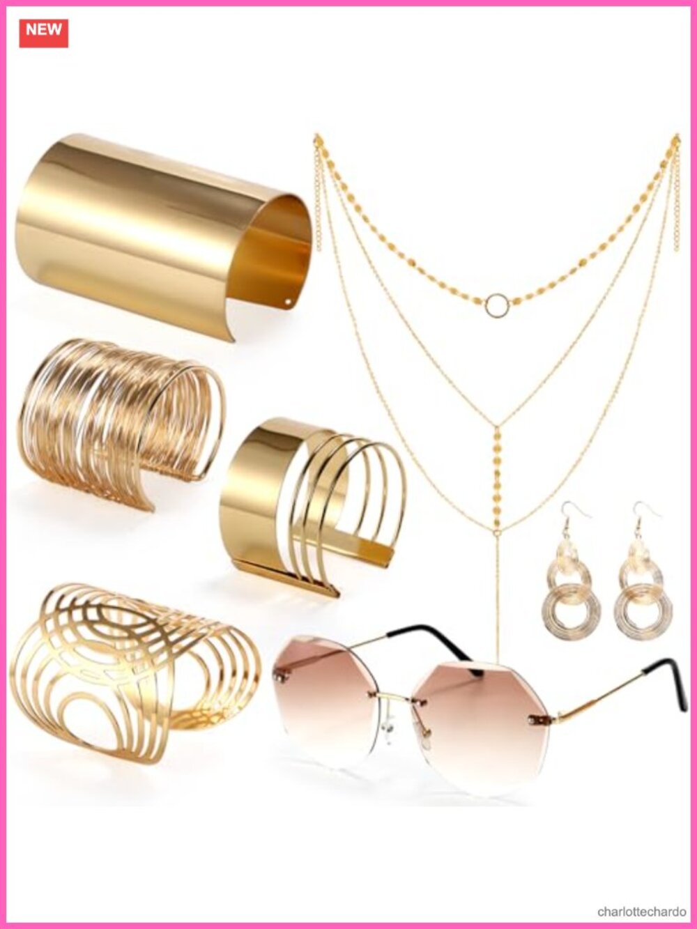 70s Disco Accessory Set 7 Pieces Costume Jewelry Metal Gold Tone